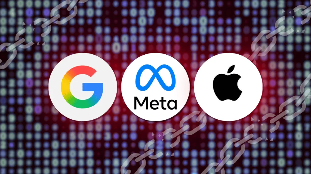 Google, Meta, and Apple logos with broken chains on a digital background, representing Google password leak