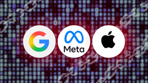 Google, Meta, and Apple logos with broken chains on a digital background, representing Google password leak