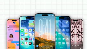 iOS 26 Public Beta interface showing new "Liquid Glass" design elements