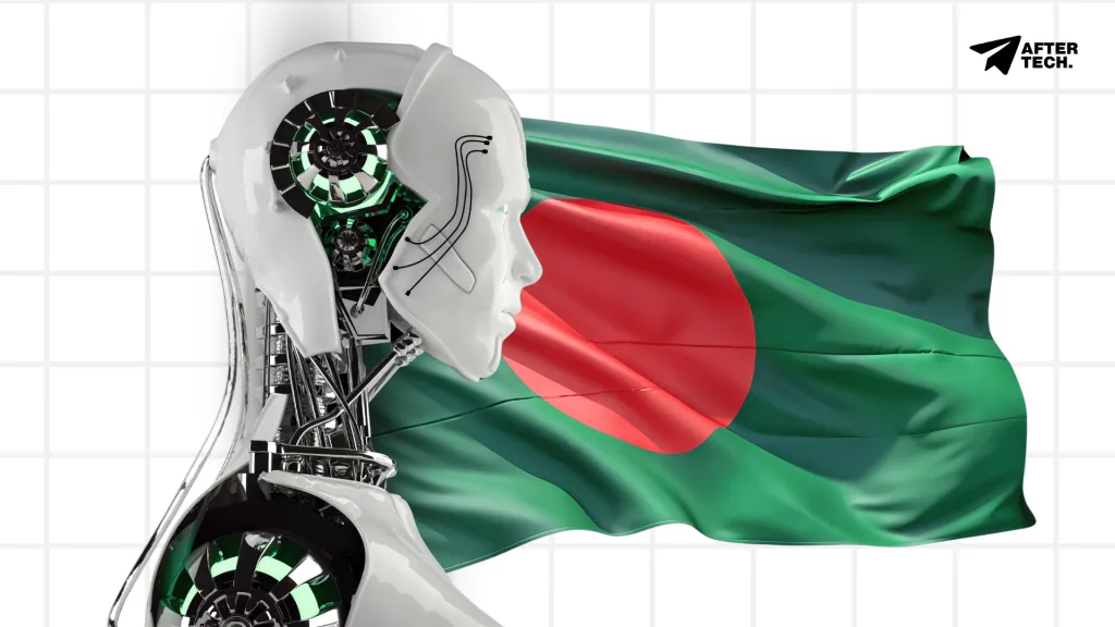 AI robot head next to the Bangladesh flag, symbolizing the integration of artificial intelligence with Bangladesh's national development.