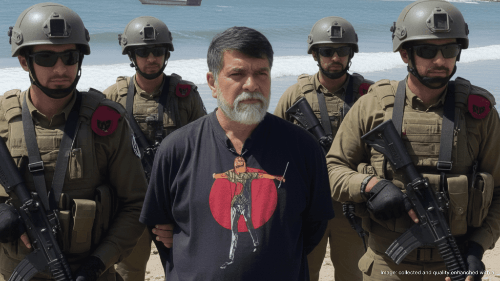 Bangladeshi photographer Shahidul Alam, a man with a gray beard in a black t-shirt with a graphic, is detained by four armed Israeli soldiers on a beach. A military patrol boat is visible offshore.